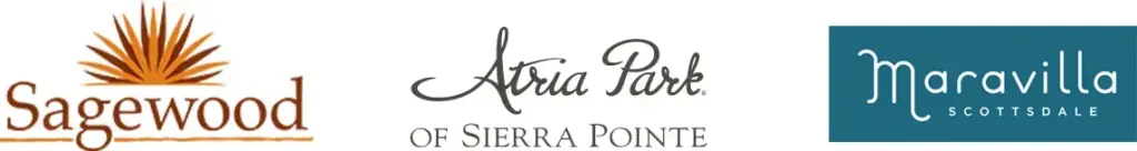 Logos for Sagewood, Atria Park of Sierra Pointe, and Maravilla Scottsdale.