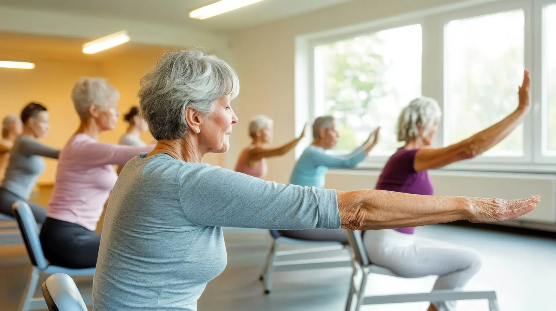 Older adults in a bright studio performing arm stretches while seated on chairs, arms extended forward.