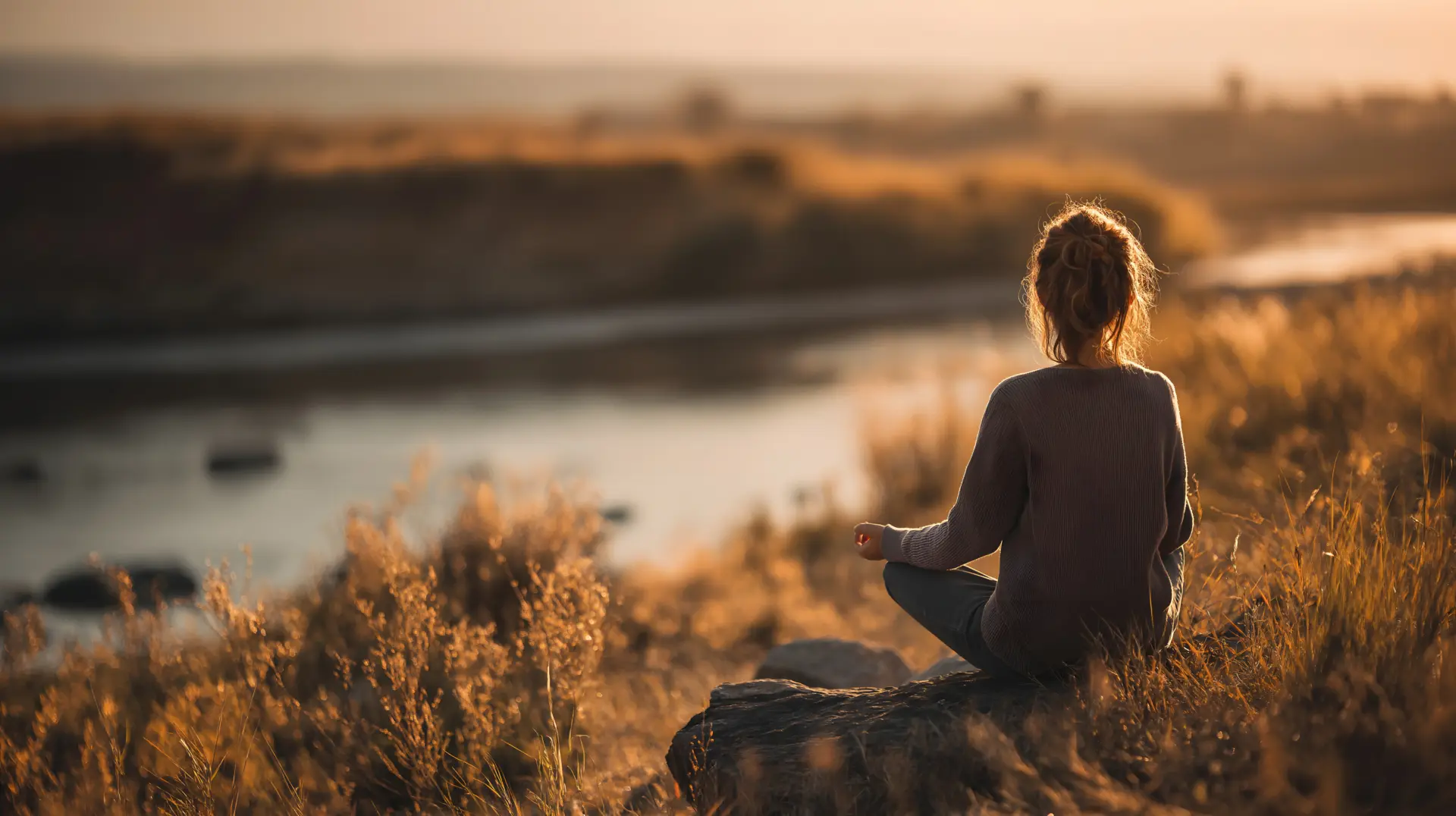 Person sitting on a rock at sunset, facing a coastal landscape with tall grasses in the foreground.