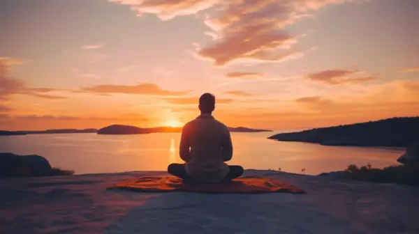 Person sitting cross-legged on a mat, meditating as a sunset over a calm sea and distant islands fills the sky