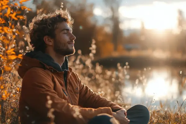 Man with a beard sits among orange autumn foliage, eyes closed, enjoying sunlight by a lake.